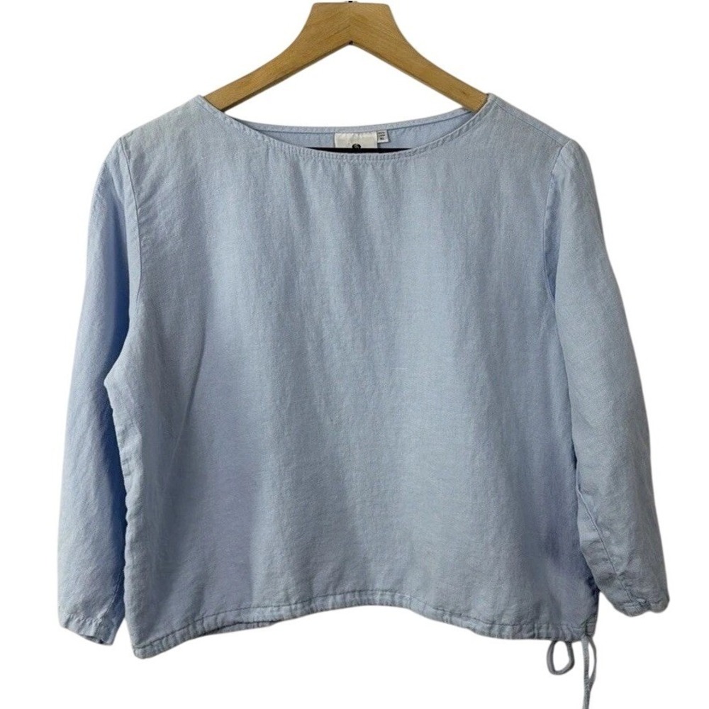 Spirit Activewear Light‎ Blue 100% Linen Drawstring Hem Blouse XL Top